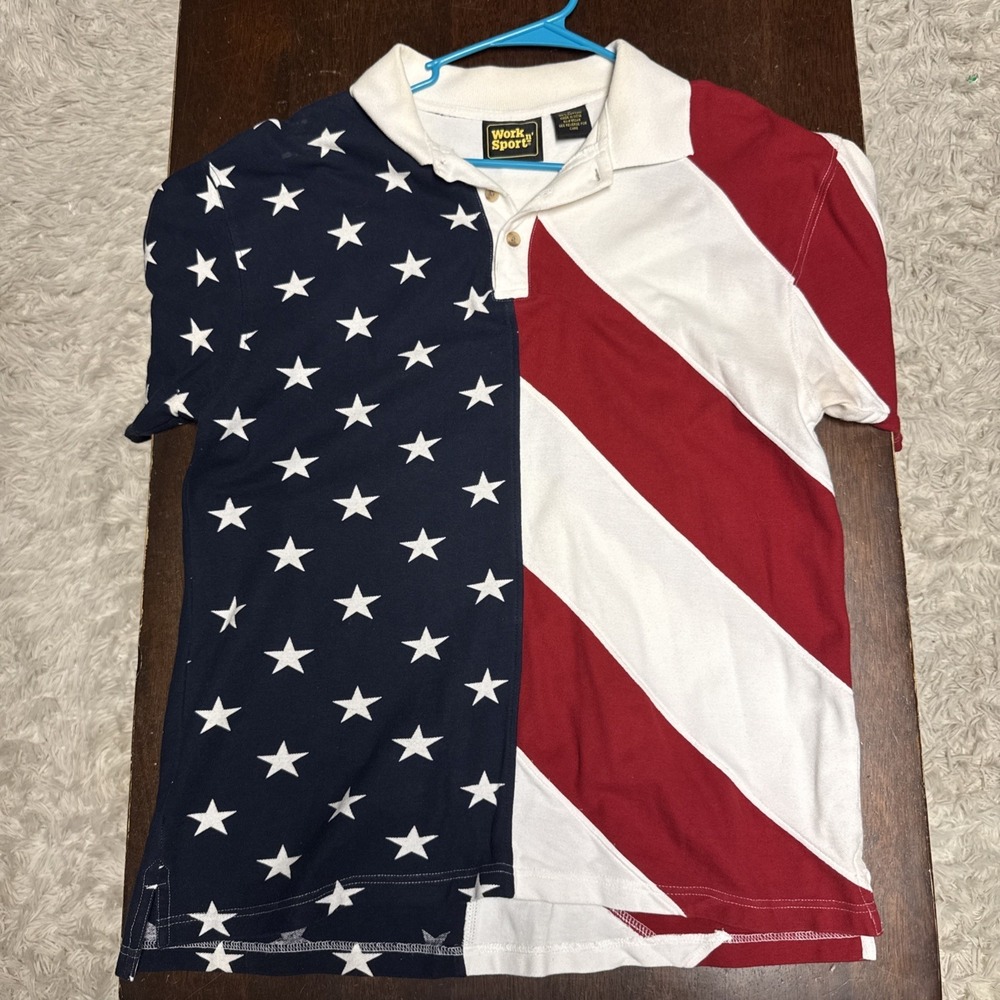 Vintage 90s Work N Sport American Flag Polo Shirt Men's Size M Patriotic USA